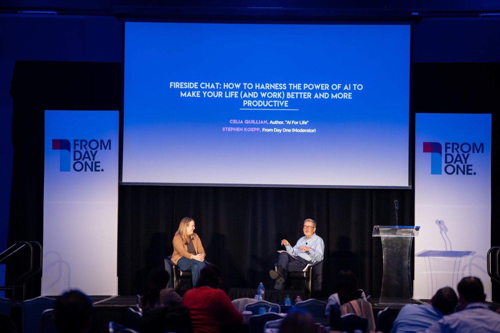 Celia Quillian speaking during a fireside chat event